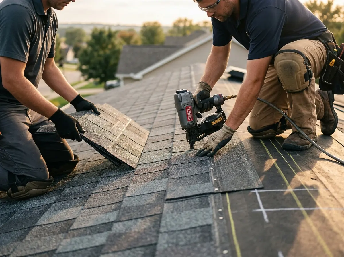 Professional roofer working on a residential roof in Euless